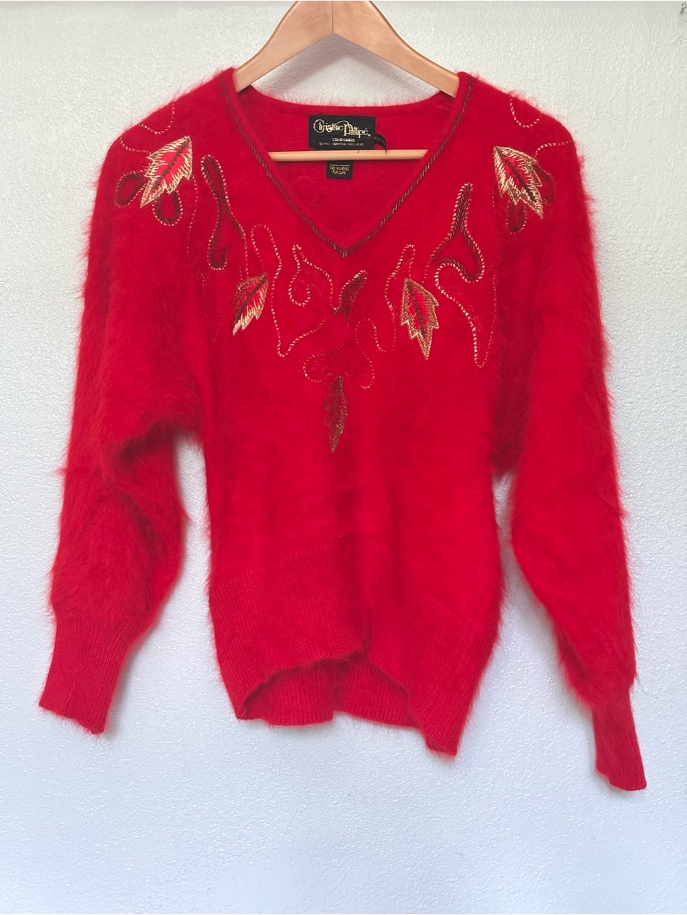 Vintage Red V-Neck Angora Sweater with Gold Leaf Embroidery Women’s Small